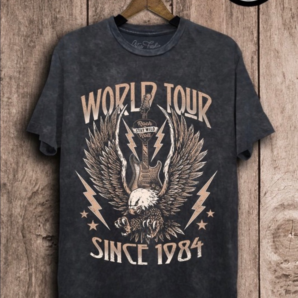 Black Tee T-Shirt Top Dress World Tour Since 1984 Graphic Vintage Mineral Wash - Picture 5 of 6